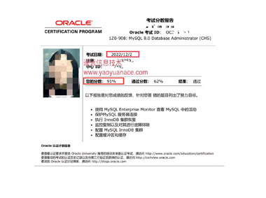 MySQL8.0成绩（91分）MySQL 8.0 OCP 1Z0-908CHS认证考试题库